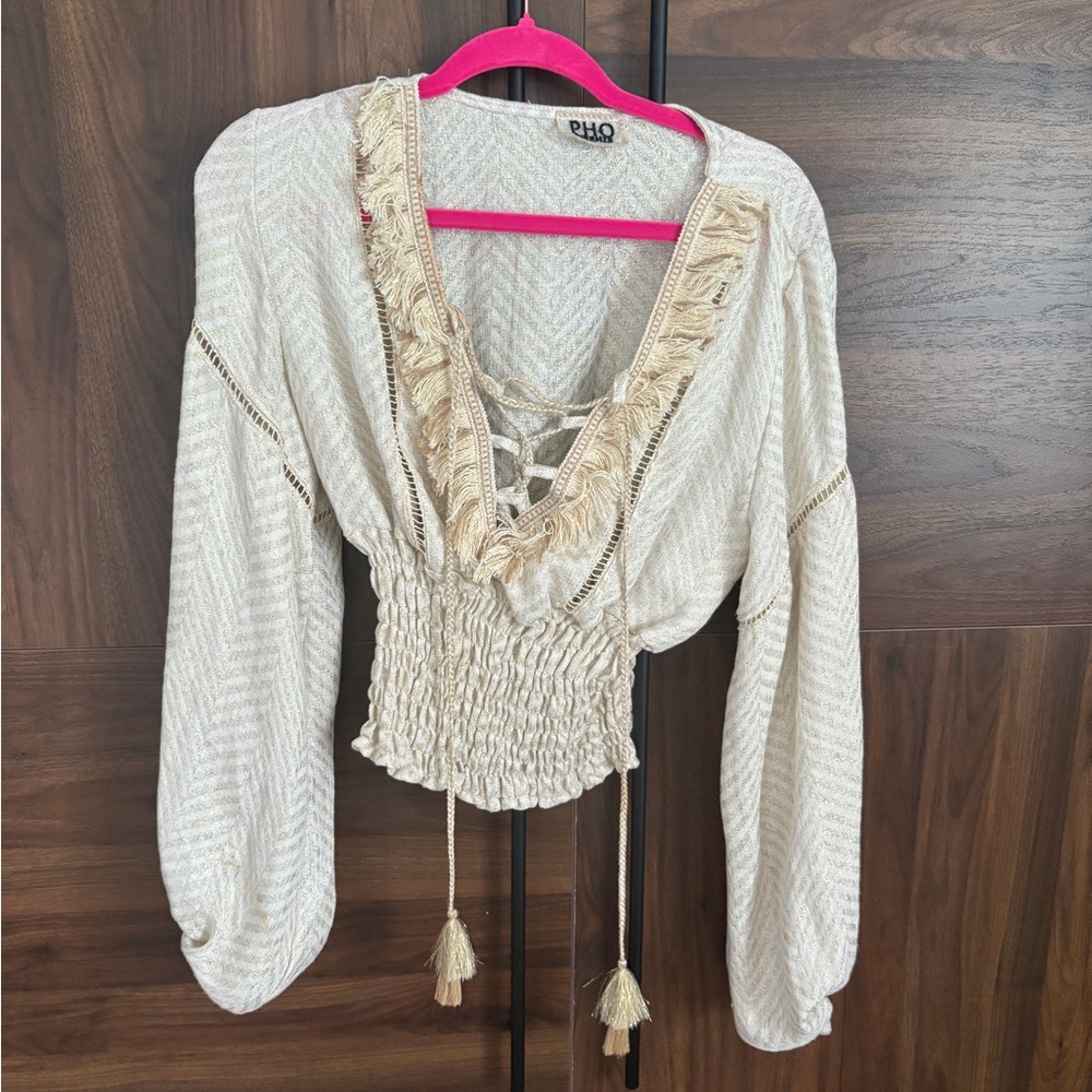 Pho Firenze made in Italy Beige Smocked Blouse with Tassels boho style